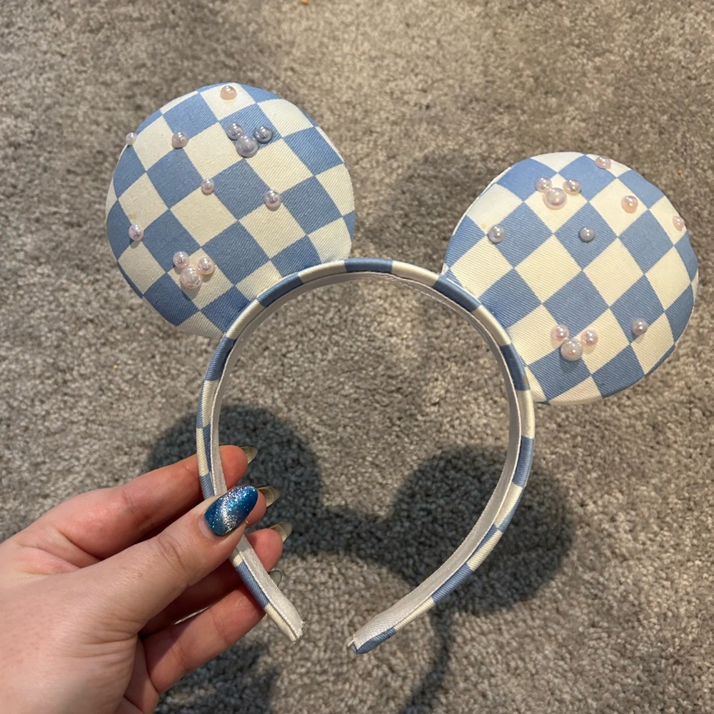 Blue & Cream Checkerboard Pearl Mouse Ears Headband